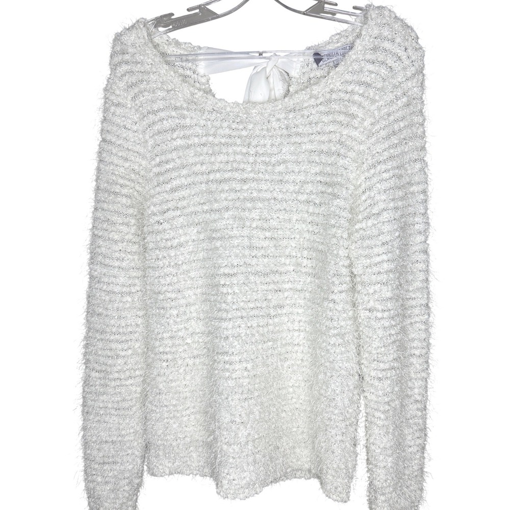 Jennifer Lopez LARGE White Eyelash Knit Sweater Open Back Satin Tie Womens